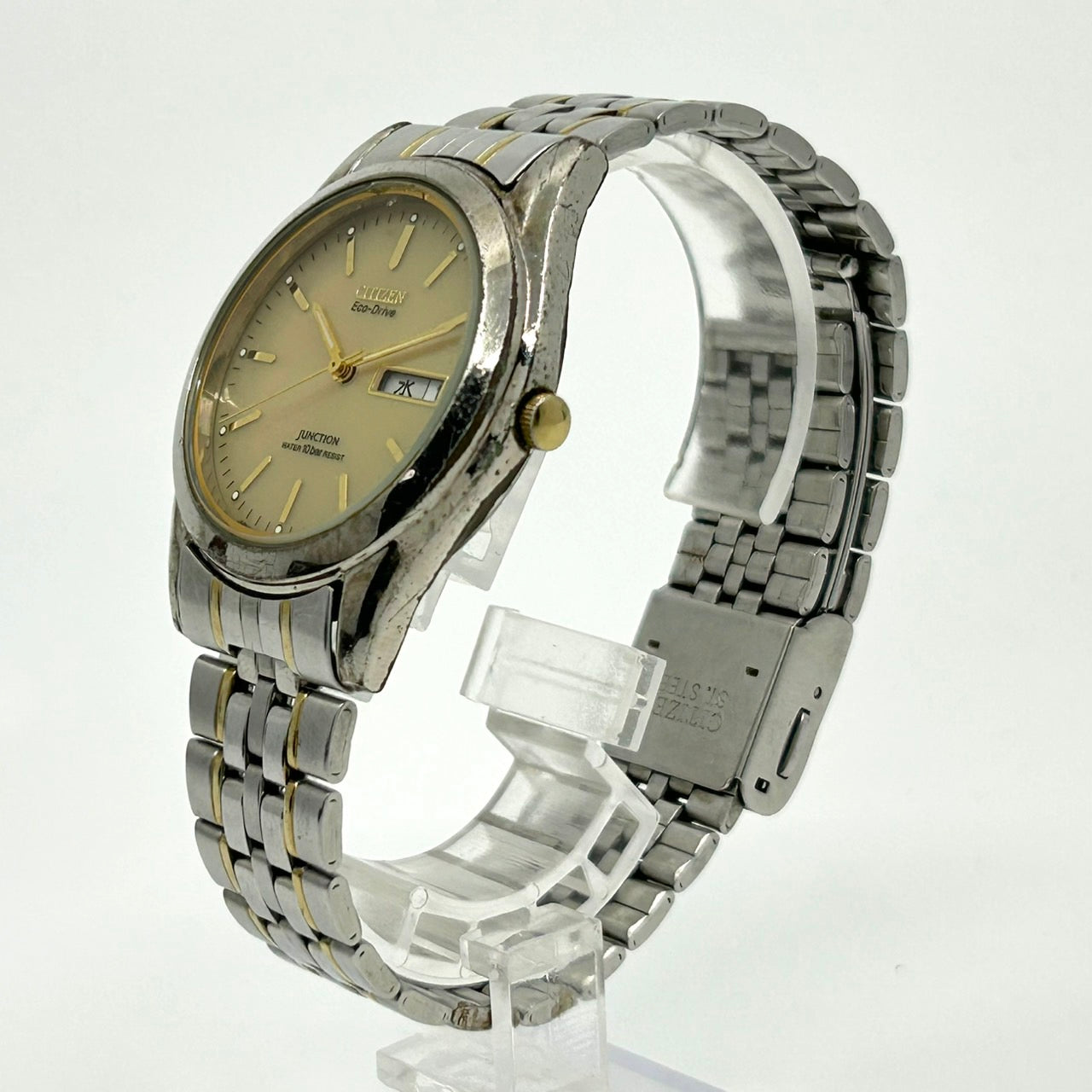 【稼働品】citizen シチズン ジャンクション エコドライブ 腕時計 E100-F0398T CK メンズ レディース ソーラー デイデイト アナログ ゴールド文字盤 コンビカラー ヴィンテージ クラシック カジュアル ビジネス 通勤 ユニセックス G1