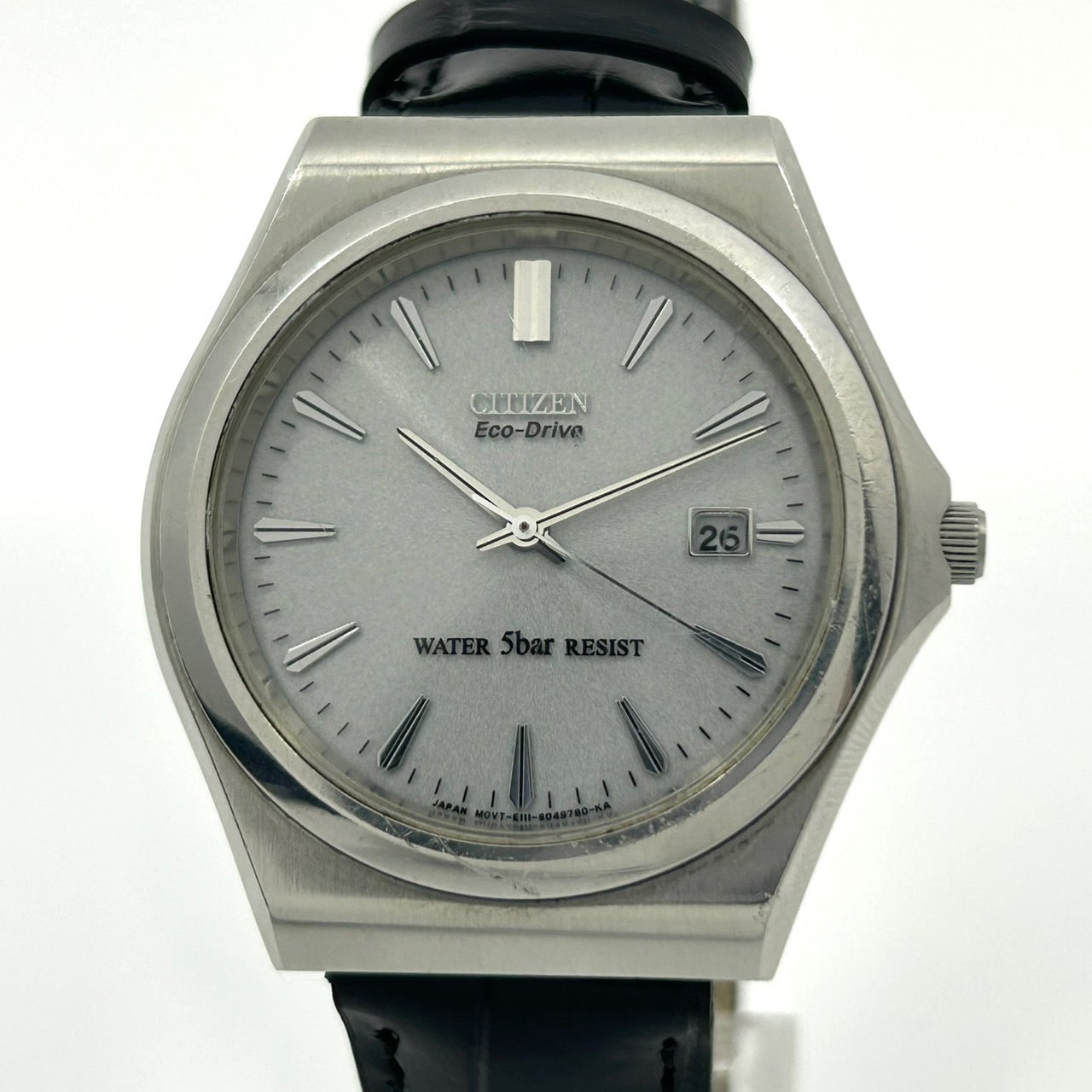 【新品ベルト】citizen シチズン エコドライブ 腕時計 メンズ E111-S020511 ソーラー デイト アナログ シルバー文字盤 レザーベルト シンプル クラシック ビジネス ドレスウォッチ エレガント 通勤 通学 クリーニング済 G3