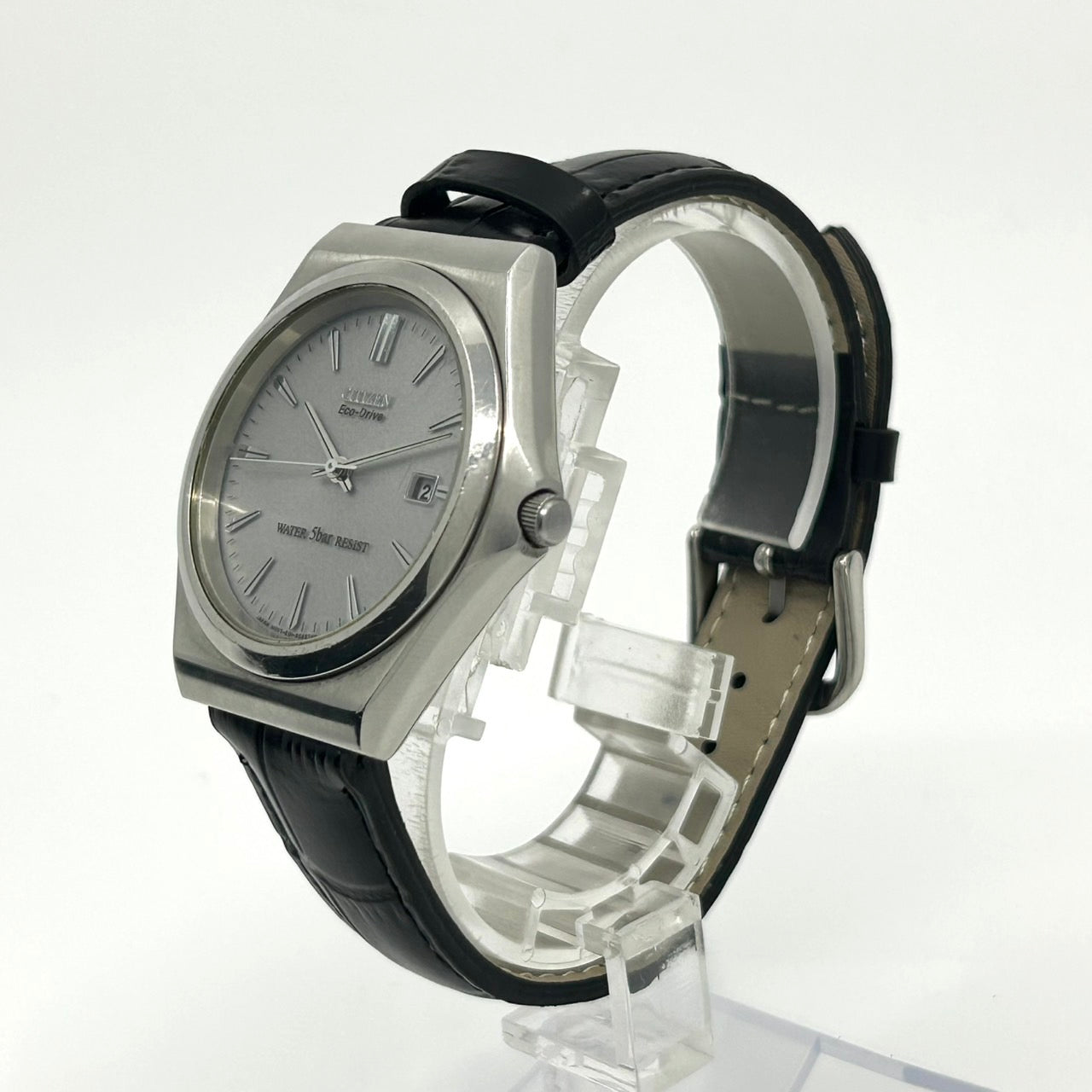 【新品ベルト】citizen シチズン エコドライブ 腕時計 メンズ E111-S020511 ソーラー デイト アナログ シルバー文字盤 レザーベルト シンプル クラシック ビジネス ドレスウォッチ エレガント 通勤 通学 クリーニング済 G3