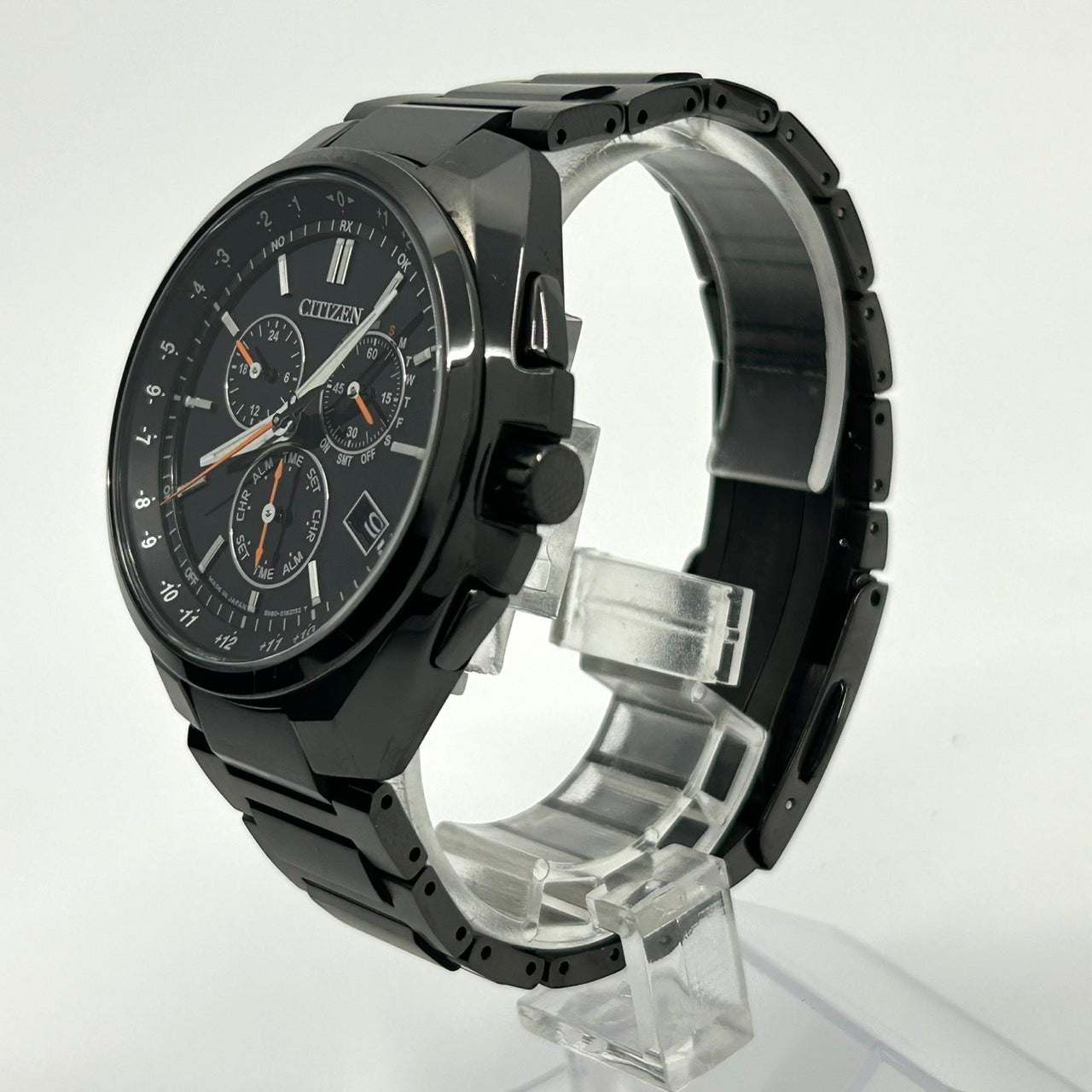 【未使用級/箱付】シチズン アテッサ 腕時計 メンズ E660-S121957 エコドライブ 電波ソーラー クロノグラフ ワールドタイム デイト チタン ブラック文字盤 アナログ ビジネス 高機能 軽量 スタイリッシュ エレガント 高級 クリーニング済 G