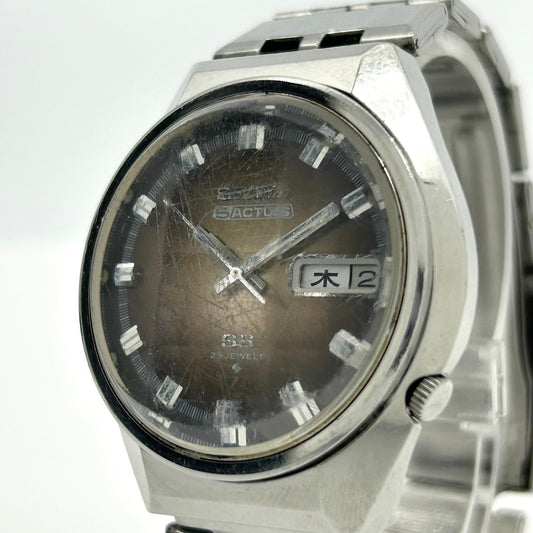 稼働品 デッドストック 廃盤 SEIKO 5ACTUS セイコー ファイブアクタス 6106-7690 腕時計 自動巻き メンズ 23石 SS デイデイト カレンダー ブラウン文字盤 シルバー ビンテージ アンティーク レトロ クラシック ビジネス G4