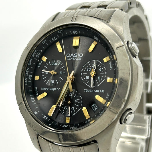 稼働品 CASIO カシオ LINEAGE リニエージ LIW-600 メンズ 腕時計 ソーラー電波 タフソーラー クロノグラフ 黒文字盤 シルバー チタン 軽量 多機能 ビジネス エレガント クラシック アナログ クリーニング済 G4