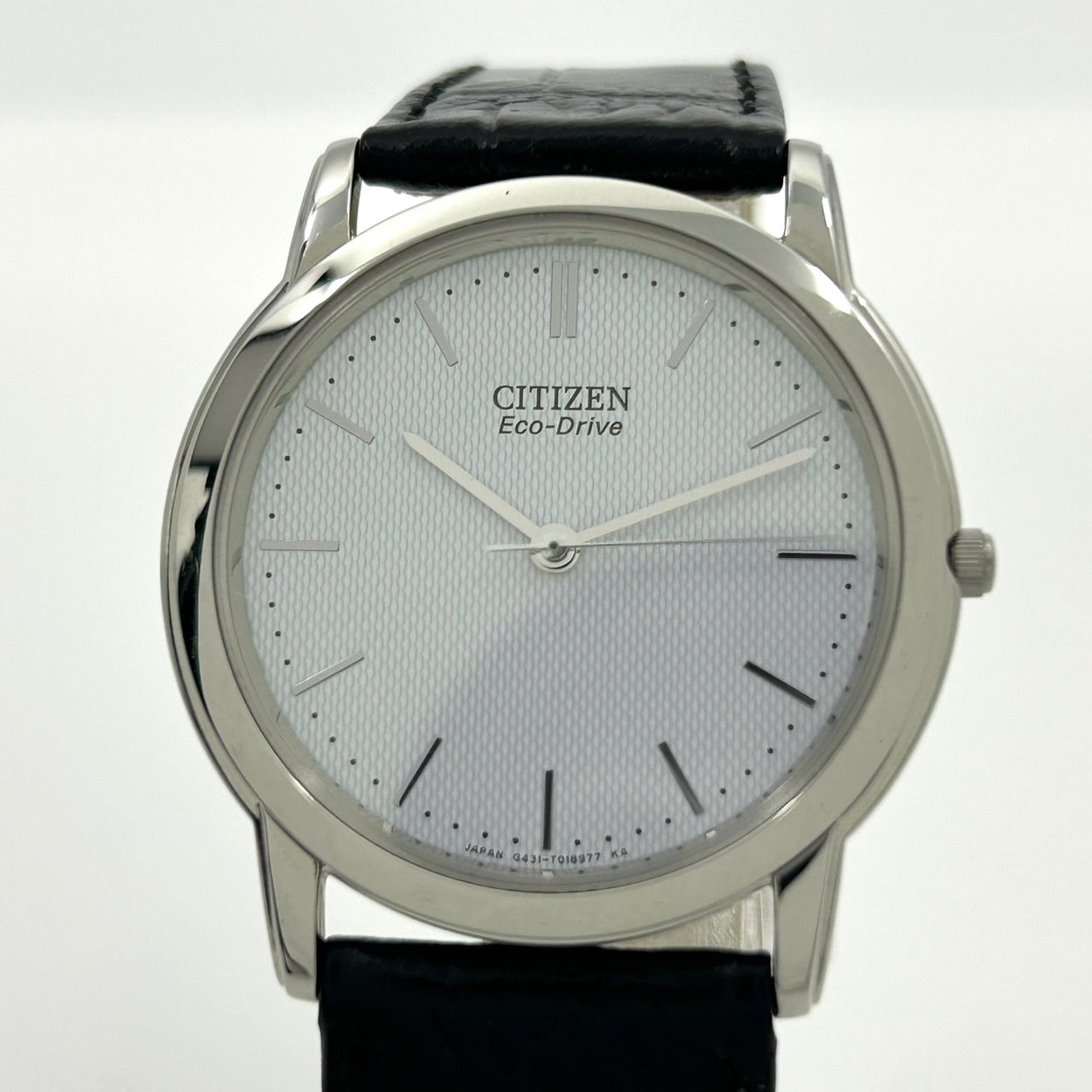 【稼働品/極美品/箱付】CITIZEN シチズン STILETTO G431-T011683 エコドライブ メンズ 腕時計 ソーラー 薄型 シルバー 白文字盤 ブラックレザーベルト ドレスウォッチ エレガント クラシック ビジネス クリーニング済 G