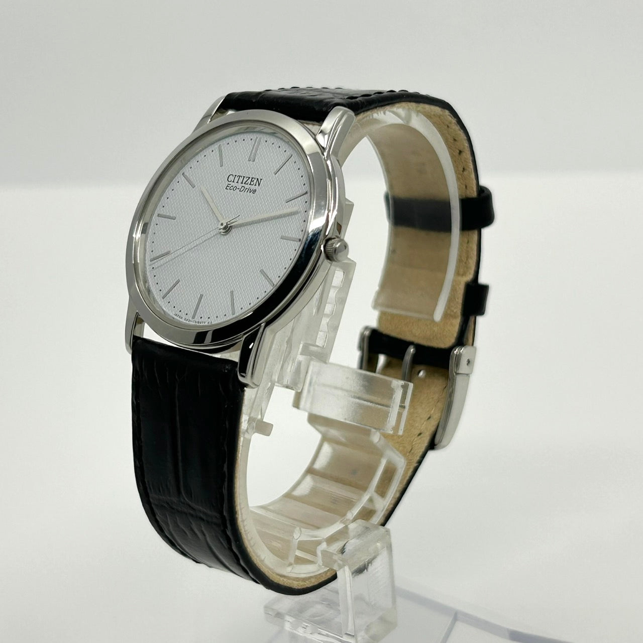 【稼働品/極美品/箱付】CITIZEN シチズン STILETTO G431-T011683 エコドライブ メンズ 腕時計 ソーラー 薄型 シルバー 白文字盤 ブラックレザーベルト ドレスウォッチ エレガント クラシック ビジネス クリーニング済 G