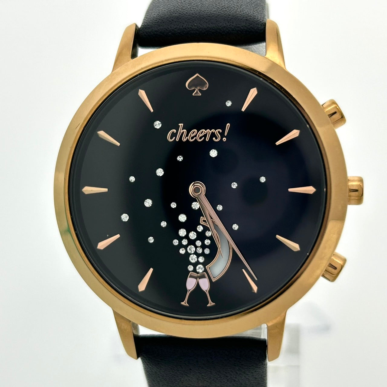 【電池交換済／稼働品／美品／箱付】 Kate Spade ケイトスペード スマートウォッチ KST23100 レディース 腕時計 ハイブリッド アナログ cheers! シャンパン ブラック文字盤 ゴールド ブラックレザーベルト エレガント フェミニン G