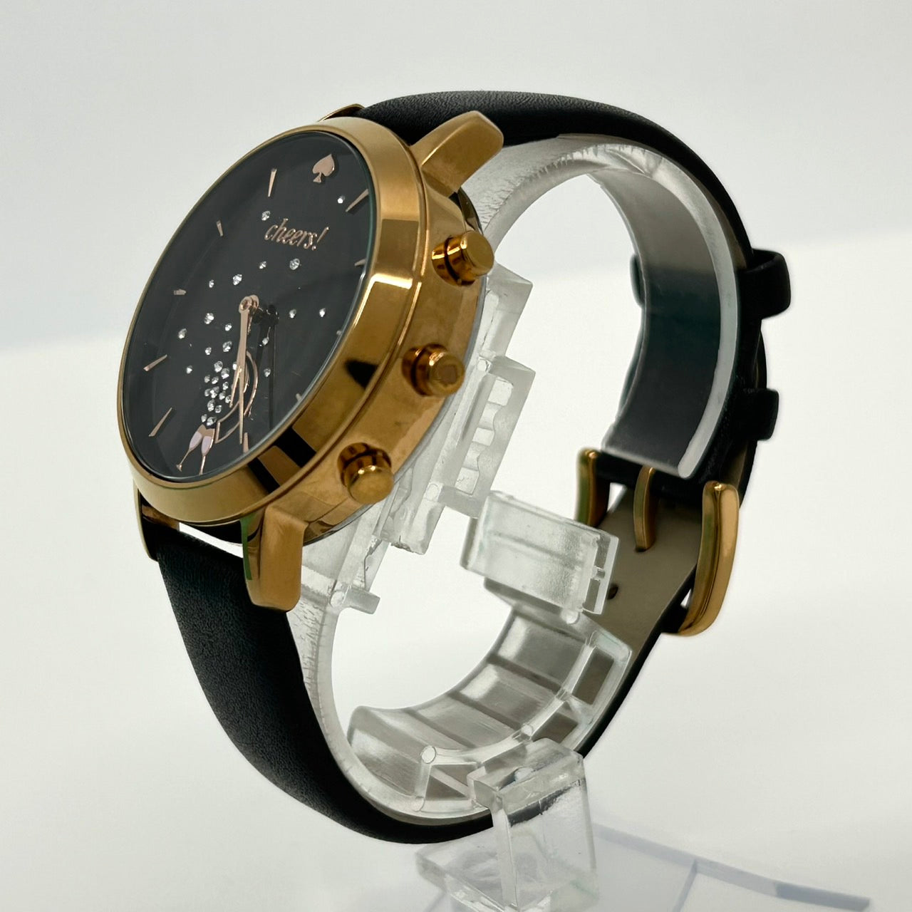 【電池交換済／稼働品／美品／箱付】 Kate Spade ケイトスペード スマートウォッチ KST23100 レディース 腕時計 ハイブリッド アナログ cheers! シャンパン ブラック文字盤 ゴールド ブラックレザーベルト エレガント フェミニン G