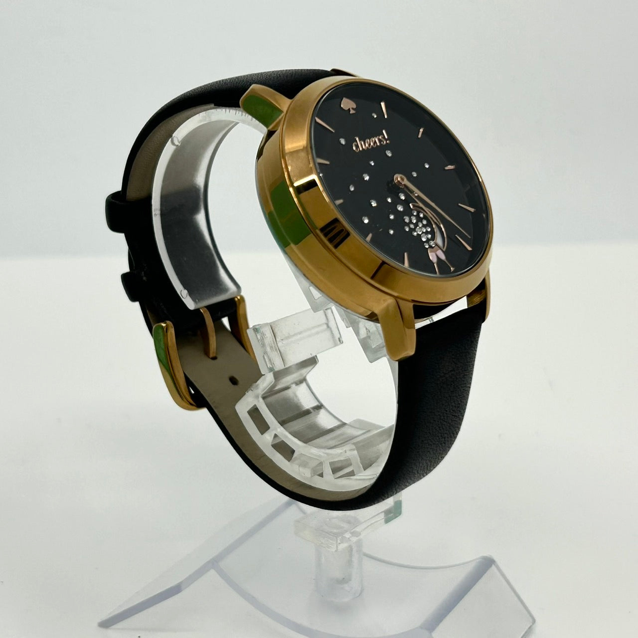 【電池交換済／稼働品／美品／箱付】 Kate Spade ケイトスペード スマートウォッチ KST23100 レディース 腕時計 ハイブリッド アナログ cheers! シャンパン ブラック文字盤 ゴールド ブラックレザーベルト エレガント フェミニン G