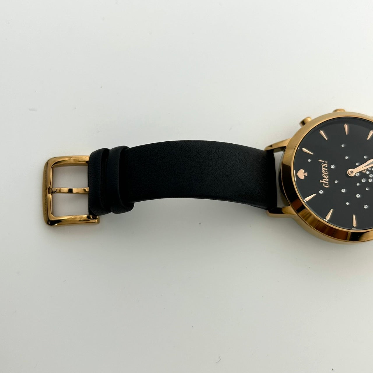 【電池交換済／稼働品／美品／箱付】 Kate Spade ケイトスペード スマートウォッチ KST23100 レディース 腕時計 ハイブリッド アナログ cheers! シャンパン ブラック文字盤 ゴールド ブラックレザーベルト エレガント フェミニン G