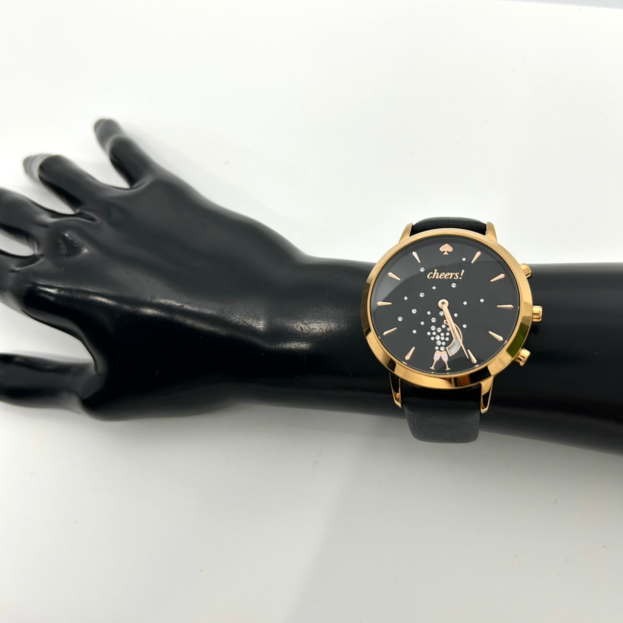 【電池交換済／稼働品／美品／箱付】 Kate Spade ケイトスペード スマートウォッチ KST23100 レディース 腕時計 ハイブリッド アナログ cheers! シャンパン ブラック文字盤 ゴールド ブラックレザーベルト エレガント フェミニン G