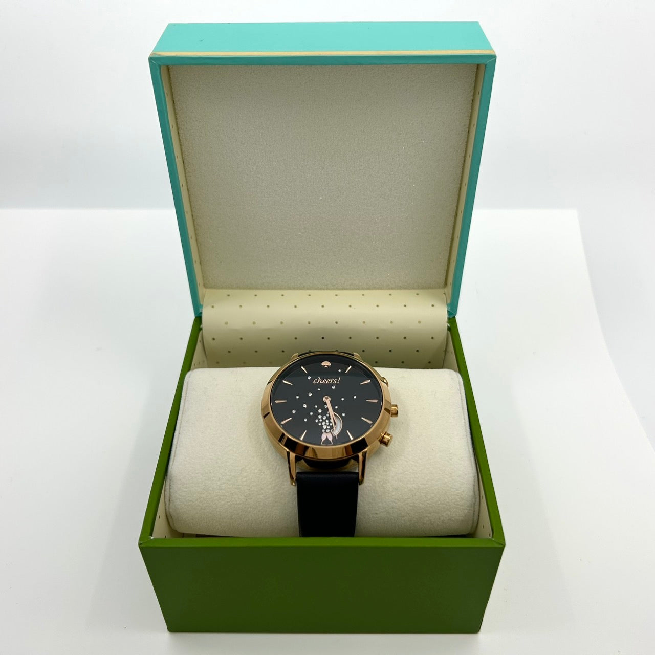 【電池交換済／稼働品／美品／箱付】 Kate Spade ケイトスペード スマートウォッチ KST23100 レディース 腕時計 ハイブリッド アナログ cheers! シャンパン ブラック文字盤 ゴールド ブラックレザーベルト エレガント フェミニン G