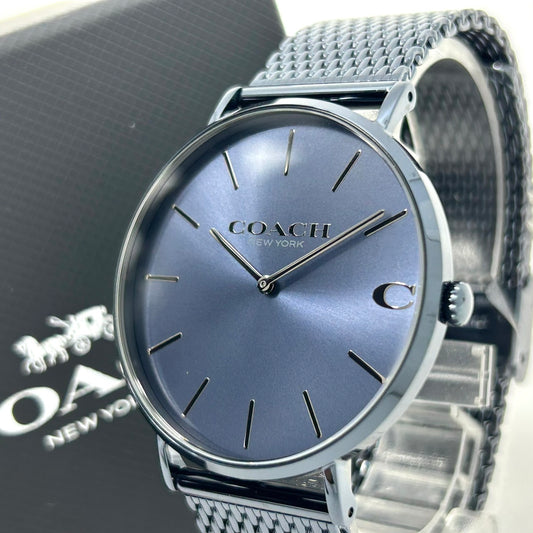 【電池交換済/未使用級/箱付】COACH コーチ PERRY ペリー 腕時計 CA.124.2.34.1577 クオーツ アナログ ブルー文字盤 ダークブルー メッシュブレスレット シンプル エレガント クラシック ビジネス フォーマル クリーニング済 G