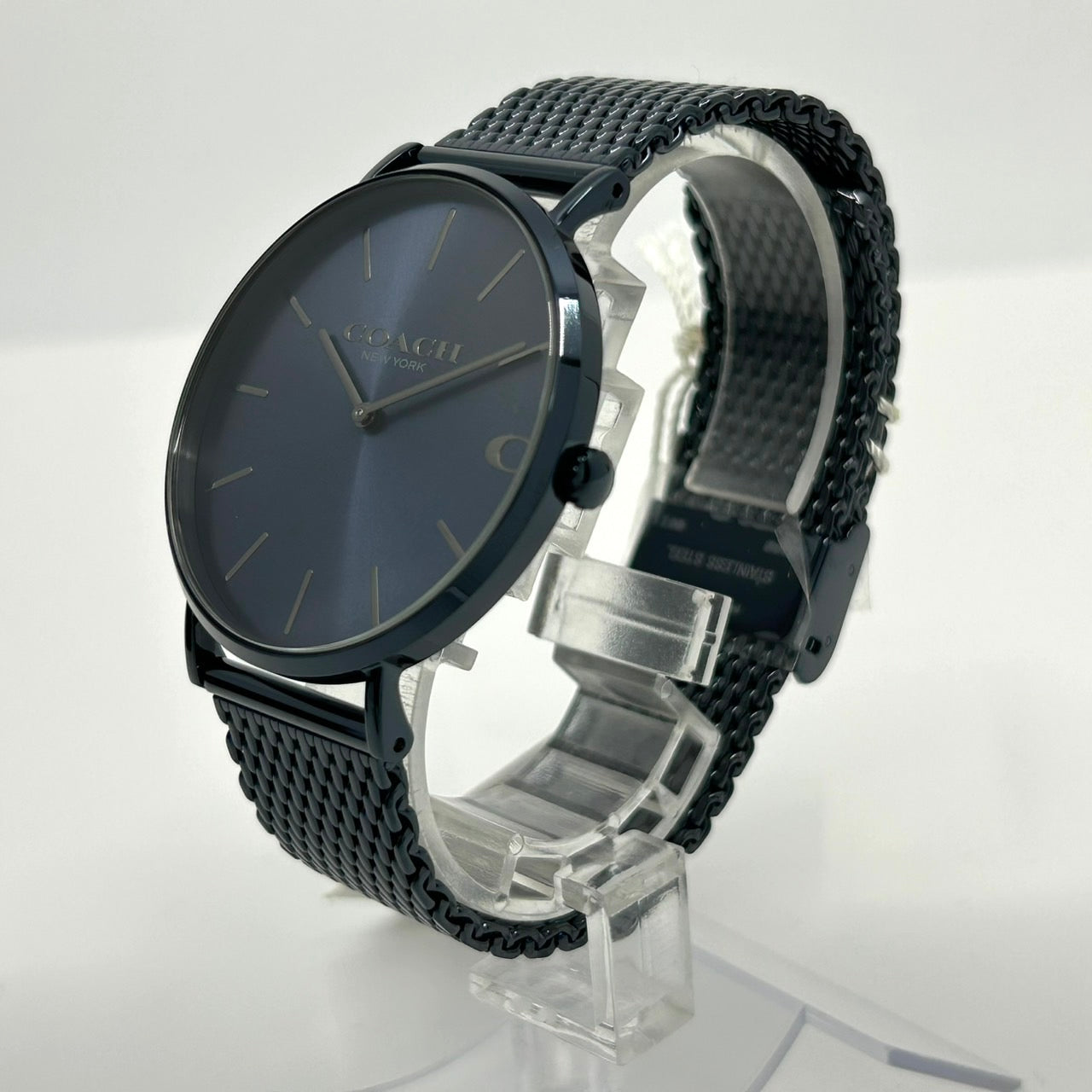 【電池交換済/未使用級/箱付】COACH コーチ PERRY ペリー 腕時計 CA.124.2.34.1577 クオーツ アナログ ブルー文字盤 ダークブルー メッシュブレスレット シンプル エレガント クラシック ビジネス フォーマル クリーニング済 G