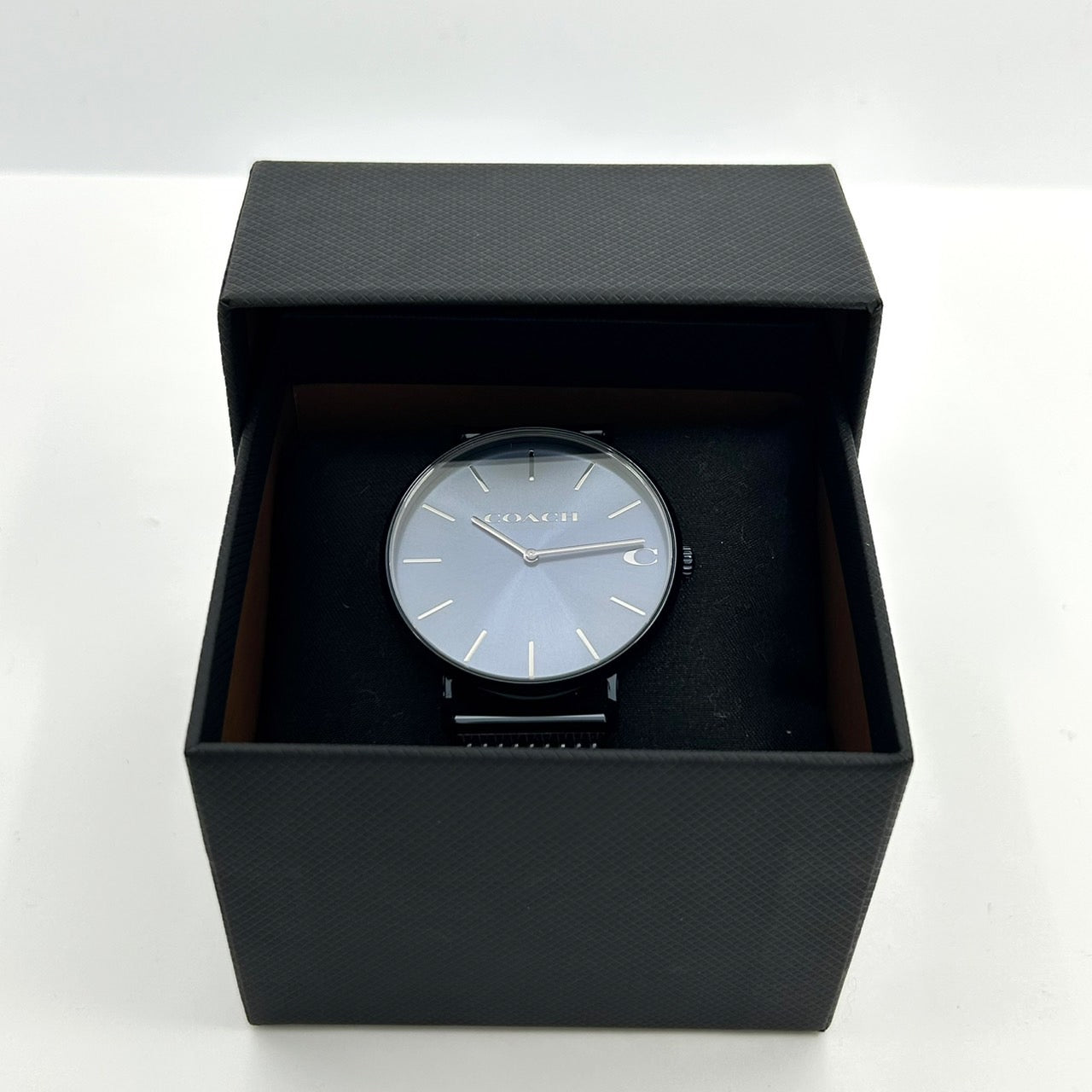 【電池交換済/未使用級/箱付】COACH コーチ PERRY ペリー 腕時計 CA.124.2.34.1577 クオーツ アナログ ブルー文字盤 ダークブルー メッシュブレスレット シンプル エレガント クラシック ビジネス フォーマル クリーニング済 G