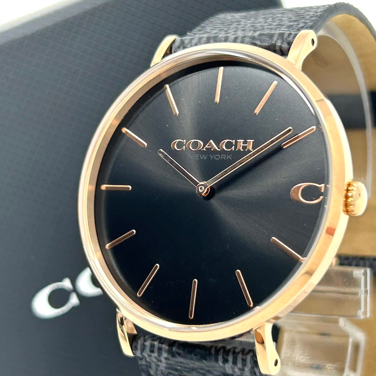 【電池交換済/未使用級/箱付】COACH コーチ PERRY ペリー レディース 腕時計 CA.124.2.34.2022 クオーツ アナログ ブラック文字盤 ローズゴールド 黒革ベルト クラシック ドレスウォッチ ビジネス フォーマル クリーニング済 G
