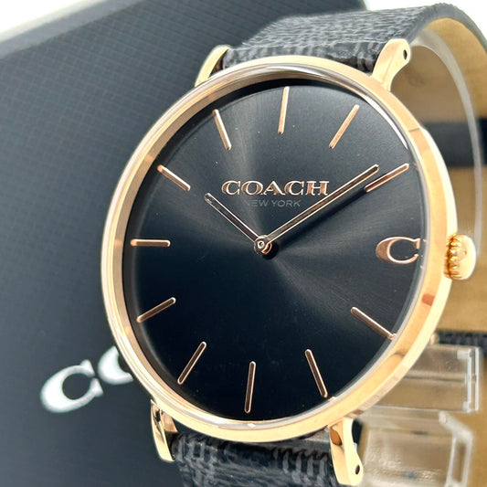【電池交換済/未使用級/箱付】COACH コーチ PERRY ペリー レディース 腕時計 CA.124.2.34.2022 クオーツ アナログ ブラック文字盤 ローズゴールド 黒革ベルト クラシック ドレスウォッチ ビジネス フォーマル クリーニング済 G