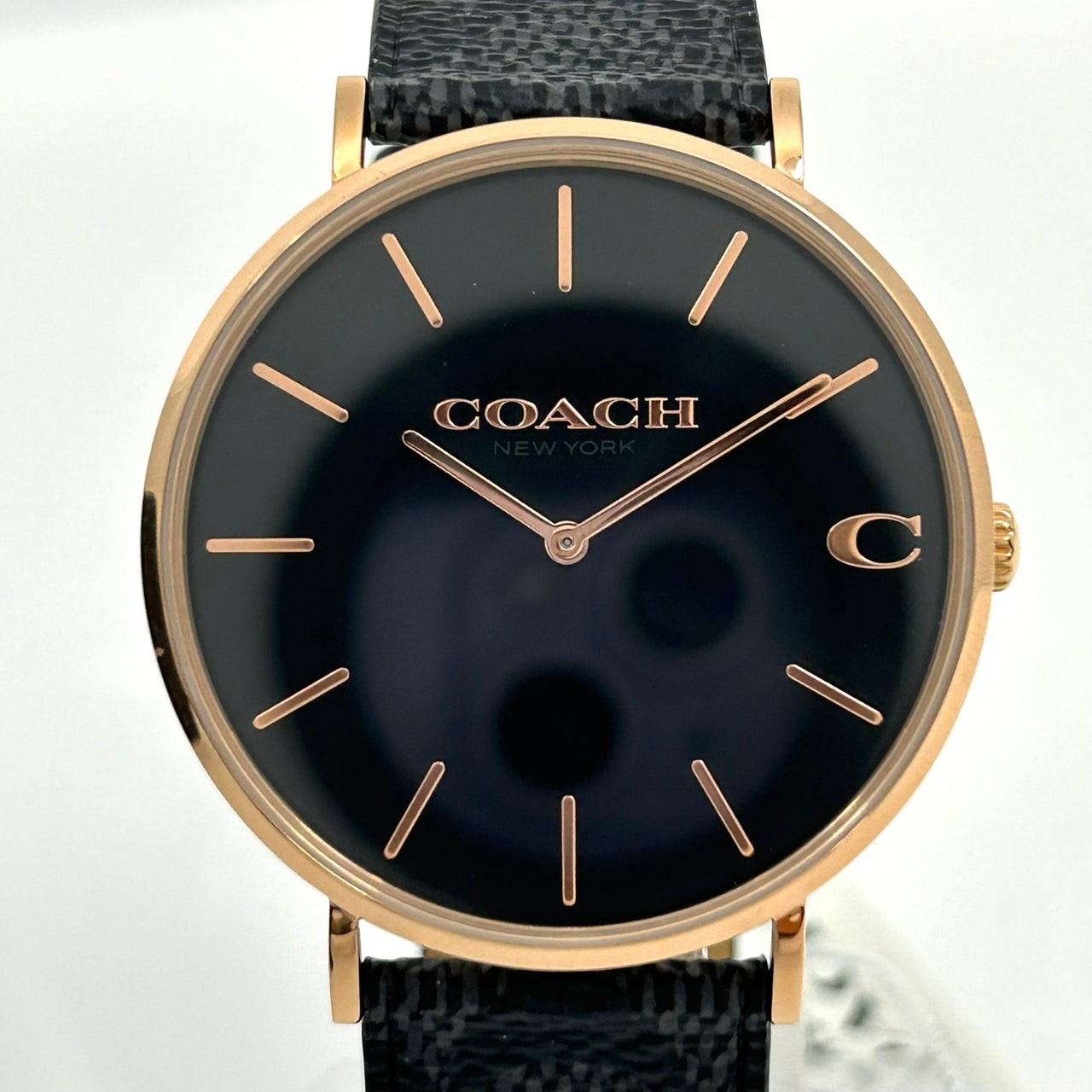 【電池交換済/未使用級/箱付】COACH コーチ PERRY ペリー レディース 腕時計 CA.124.2.34.2022 クオーツ アナログ ブラック文字盤 ローズゴールド 黒革ベルト クラシック ドレスウォッチ ビジネス フォーマル クリーニング済 G