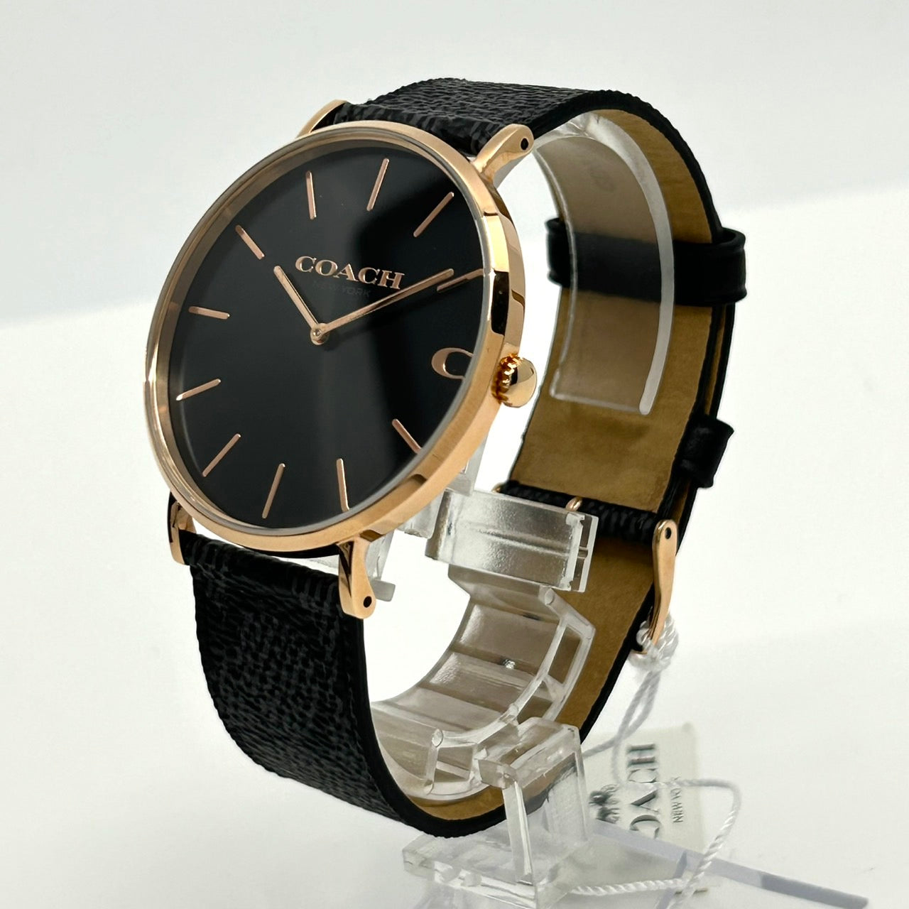 【電池交換済/未使用級/箱付】COACH コーチ PERRY ペリー レディース 腕時計 CA.124.2.34.2022 クオーツ アナログ ブラック文字盤 ローズゴールド 黒革ベルト クラシック ドレスウォッチ ビジネス フォーマル クリーニング済 G