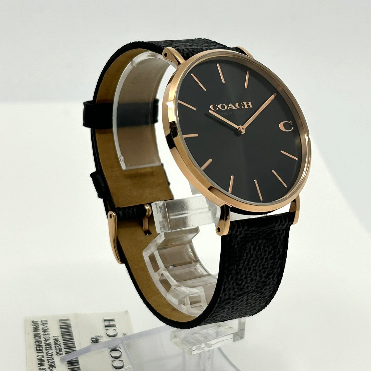 【電池交換済/未使用級/箱付】COACH コーチ PERRY ペリー レディース 腕時計 CA.124.2.34.2022 クオーツ アナログ ブラック文字盤 ローズゴールド 黒革ベルト クラシック ドレスウォッチ ビジネス フォーマル クリーニング済 G