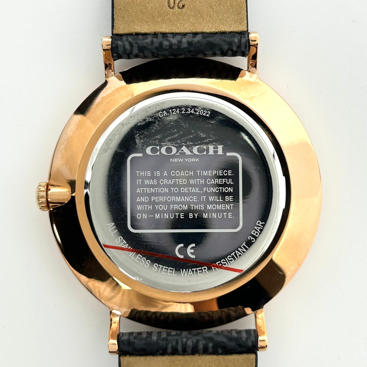【電池交換済/未使用級/箱付】COACH コーチ PERRY ペリー レディース 腕時計 CA.124.2.34.2022 クオーツ アナログ ブラック文字盤 ローズゴールド 黒革ベルト クラシック ドレスウォッチ ビジネス フォーマル クリーニング済 G