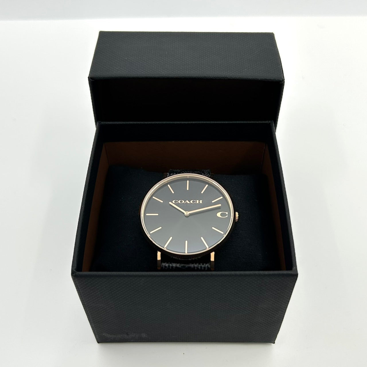 【電池交換済/未使用級/箱付】COACH コーチ PERRY ペリー レディース 腕時計 CA.124.2.34.2022 クオーツ アナログ ブラック文字盤 ローズゴールド 黒革ベルト クラシック ドレスウォッチ ビジネス フォーマル クリーニング済 G