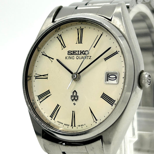 美品 希少 セイコー キングクォーツ KQ 腕時計 メンズ 4822-8110 3針 デイデイト シルバー 白文字盤 SS ラウンド クォーツ 純正ベルト ヴィンテージ SEIKO G1