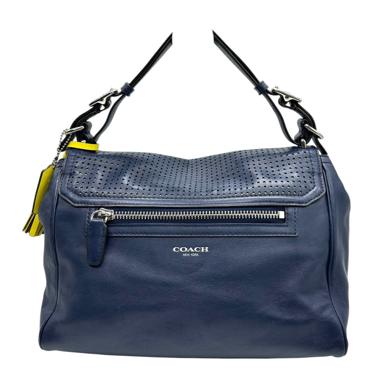 【美品／クリーニング済】COACH コーチ レガシー 22386 2WAY ハンドバッグ ショルダーバッグ パーフォレイテッドレザー ネイビー イエロー レディース 肩掛け 斜め掛け 大容量 タッセル チャーム付 エレガント 自立可 S31