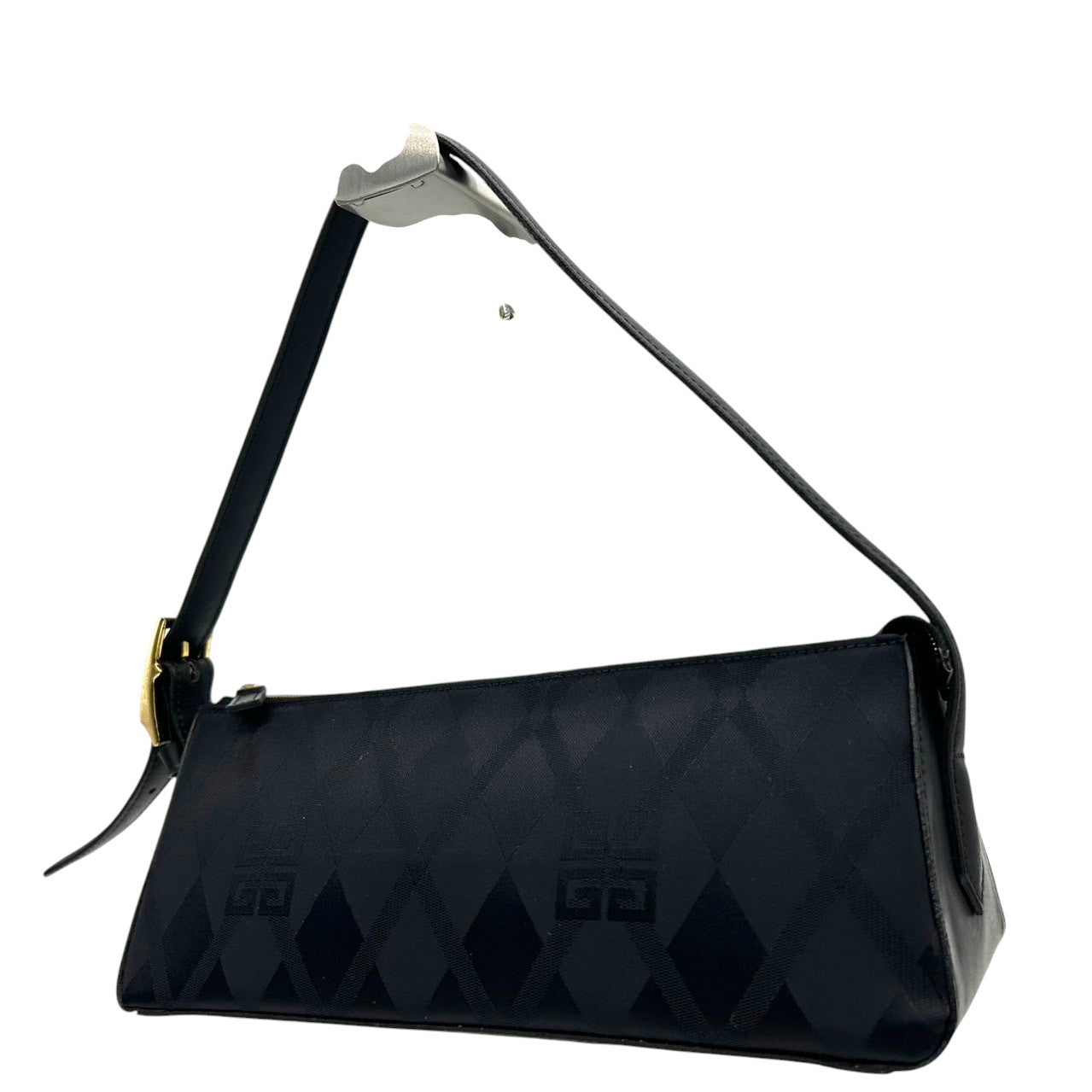 【美品／クリーニング済】 GIVENCHY ジバンシィ ジバンシー ハンドバッグ アクセサリーポーチ 4Gロゴ ナイロン レザー 黒 レディース トライアングル 三角 ピラミッド型 ミニバッグ ビンテージ クラシック フォーマル パーティー S31