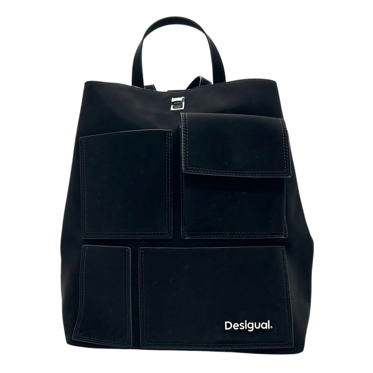 Desigual デシグアル バックパック リュックサック ブラック 黒 レディース メンズ ユニセックス 多機能ポケット A4収納可 PVC スタイリッシュ モダンデザイン 通勤 通学 カジュアル ロゴ シルバー金具 クリーニング済み s49