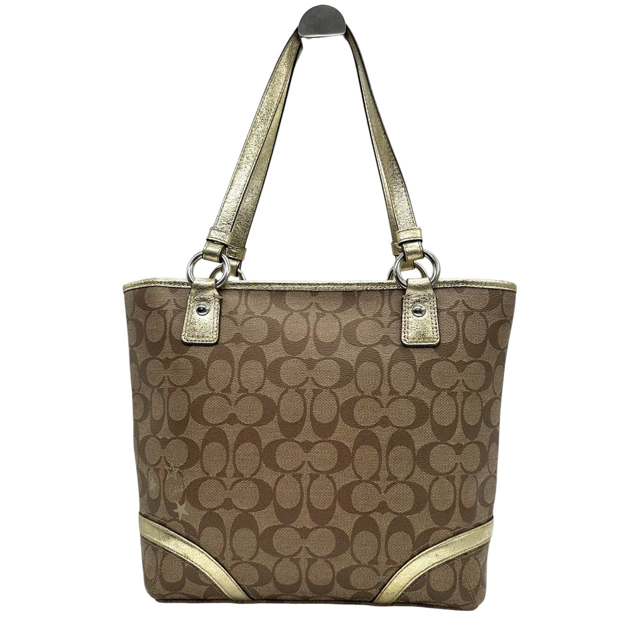 【未使用級】 COACH コーチ トートバッグ F18853 シグネチャー スター 星柄 PVC レザー ブラウン ゴールド レディース A4収納可 肩掛け チャーム付 通勤 通学 エレガント キュート 大容量 s49