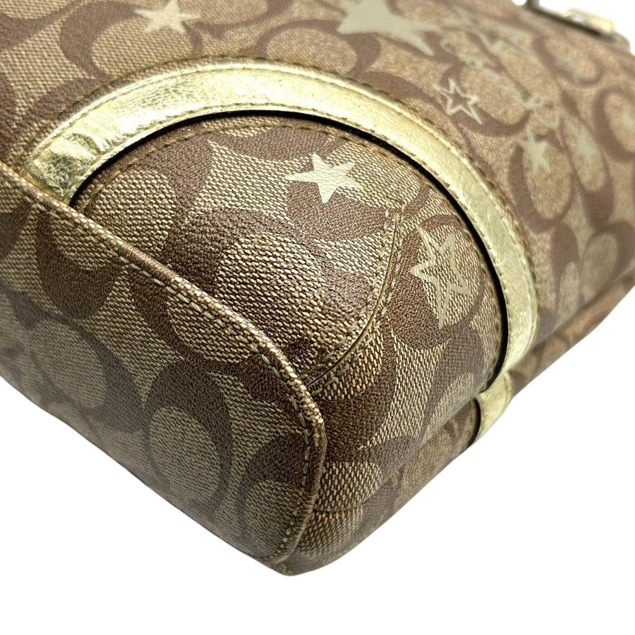 【未使用級】 COACH コーチ トートバッグ F18853 シグネチャー スター 星柄 PVC レザー ブラウン ゴールド レディース A4収納可 肩掛け チャーム付 通勤 通学 エレガント キュート 大容量 s49