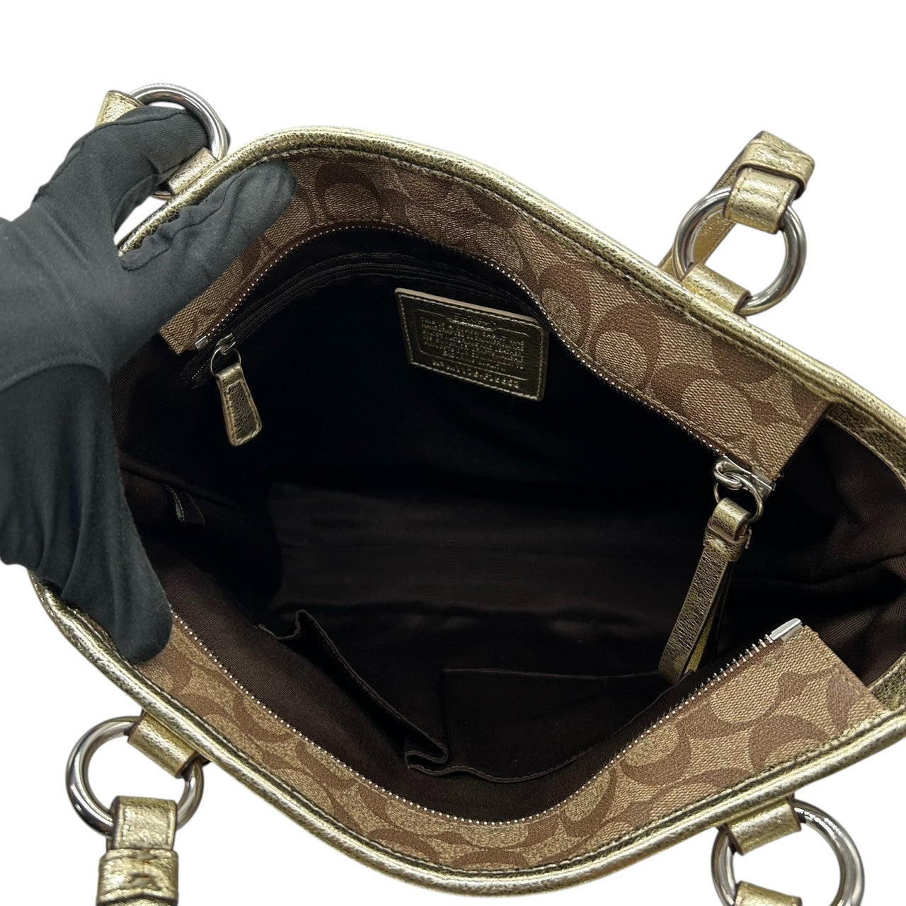 【未使用級】 COACH コーチ トートバッグ F18853 シグネチャー スター 星柄 PVC レザー ブラウン ゴールド レディース A4収納可 肩掛け チャーム付 通勤 通学 エレガント キュート 大容量 s49