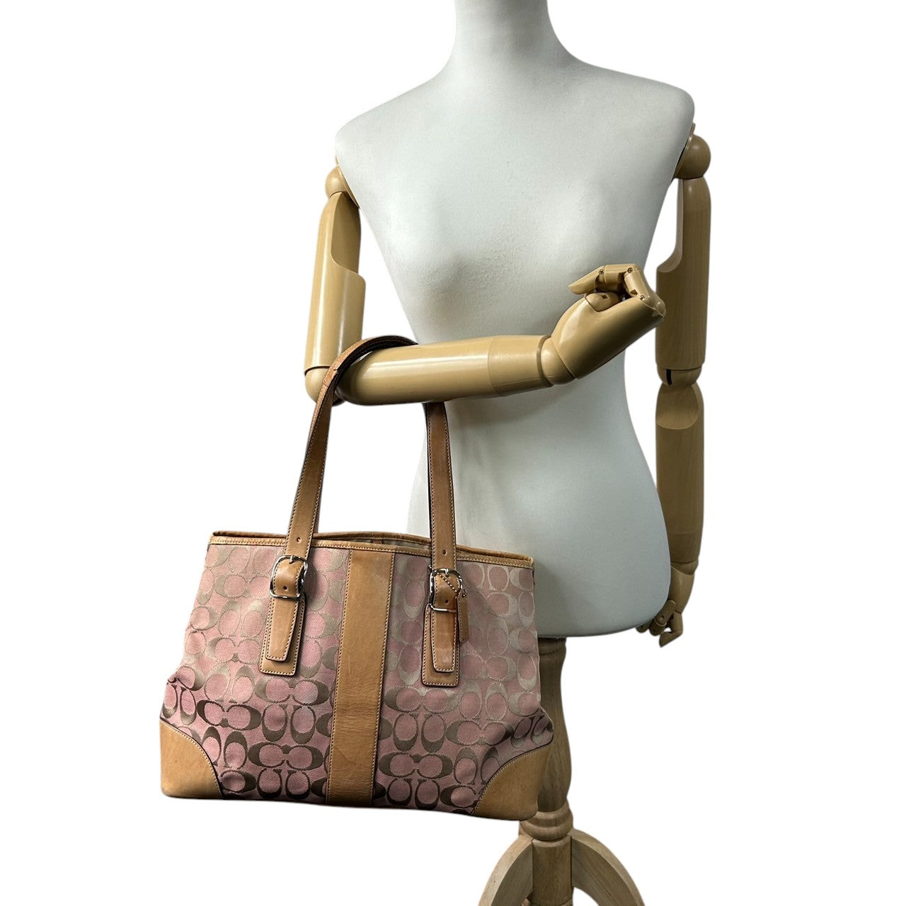 コーチ トートバッグ 6337 シグネチャー レディース COACH キャンバス レザー ピンク ベージュ 人気モデル 大容量 A4収納可 肩掛け 通勤 通学 クラシック エレガント チャーム付 クリーニング済み s49