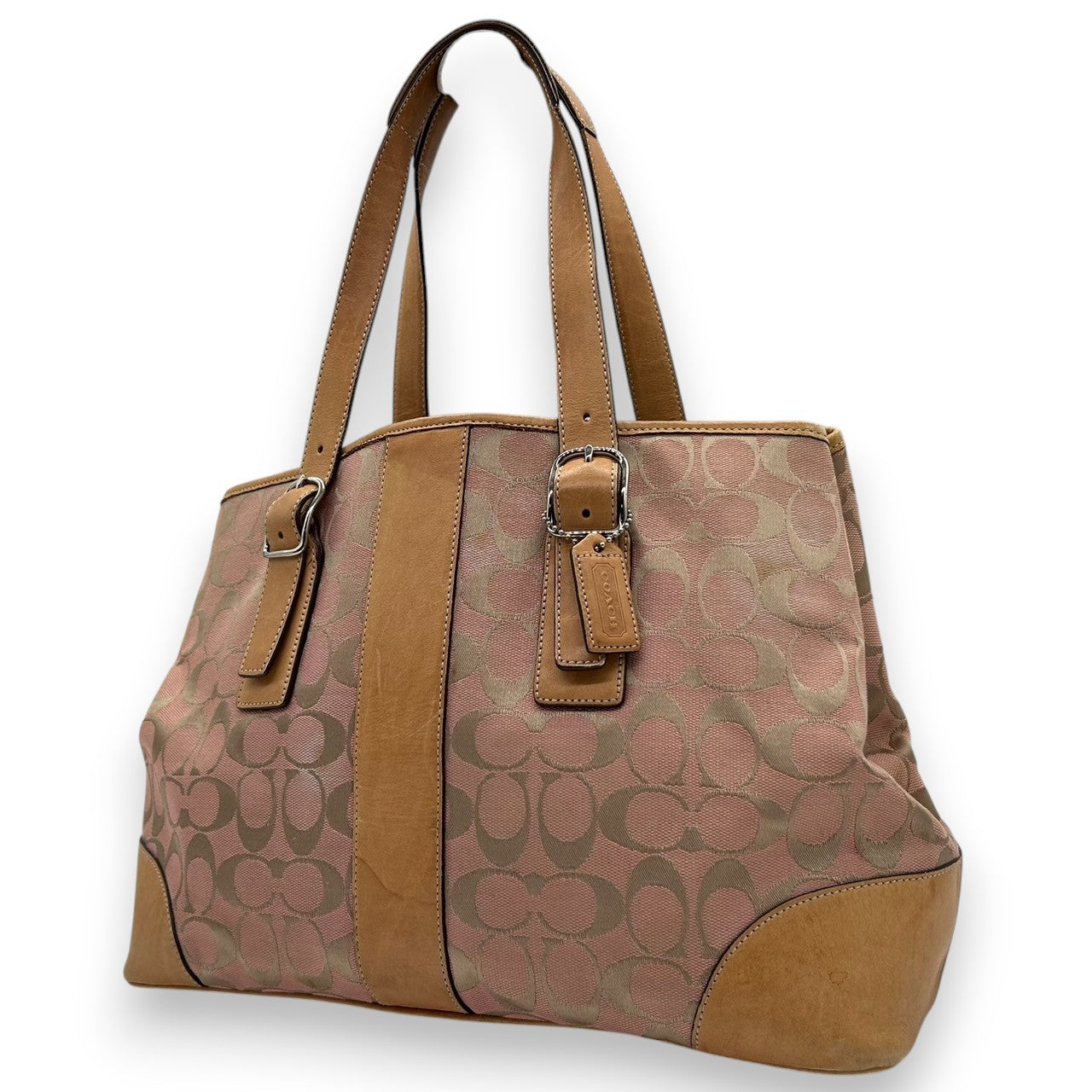 コーチ トートバッグ 6337 シグネチャー レディース COACH キャンバス レザー ピンク ベージュ 人気モデル 大容量 A4収納可 肩掛け 通勤 通学 クラシック エレガント チャーム付 クリーニング済み s49