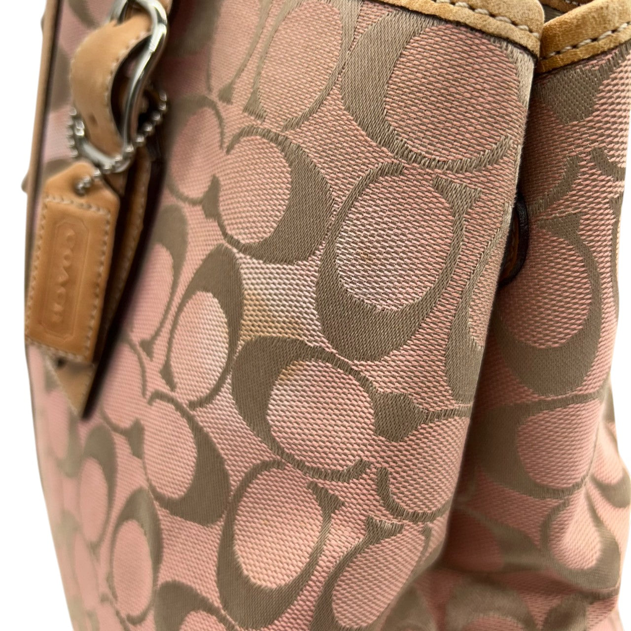 コーチ トートバッグ 6337 シグネチャー レディース COACH キャンバス レザー ピンク ベージュ 人気モデル 大容量 A4収納可 肩掛け 通勤 通学 クラシック エレガント チャーム付 クリーニング済み s49
