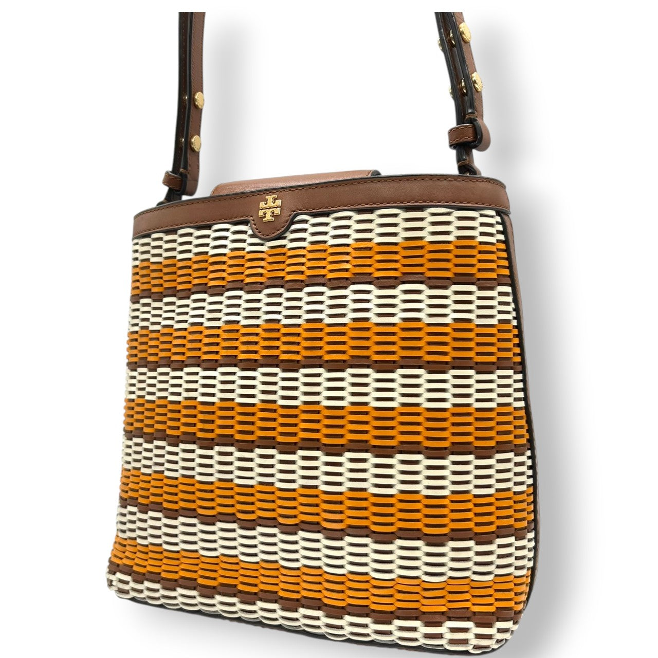 【極美品】トリーバーチ ペリー スモール トリプルコンパートメント トート ショルダーバッグ レディース TORY BURCH かごバッグ 編み込み レザー マルチカラー ボーダー 肩掛け サマーバッグ エレガント リゾートスタイル ロゴ s36