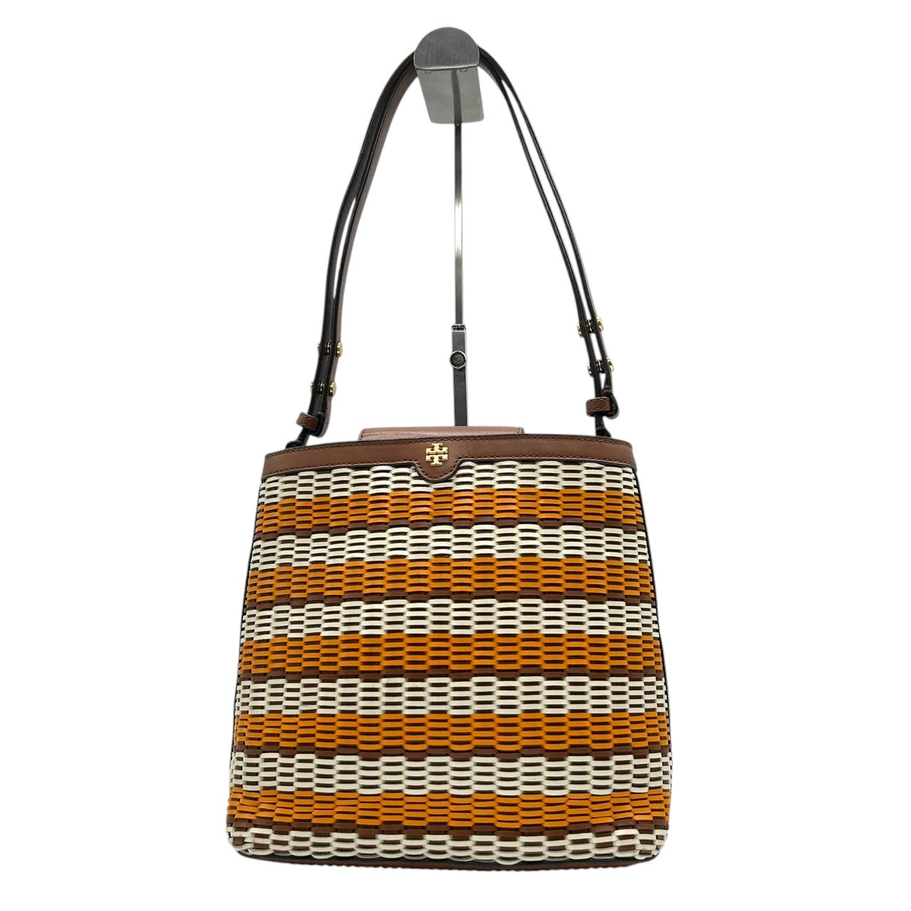 【極美品】トリーバーチ ペリー スモール トリプルコンパートメント トート ショルダーバッグ レディース TORY BURCH かごバッグ 編み込み レザー マルチカラー ボーダー 肩掛け サマーバッグ エレガント リゾートスタイル ロゴ s36