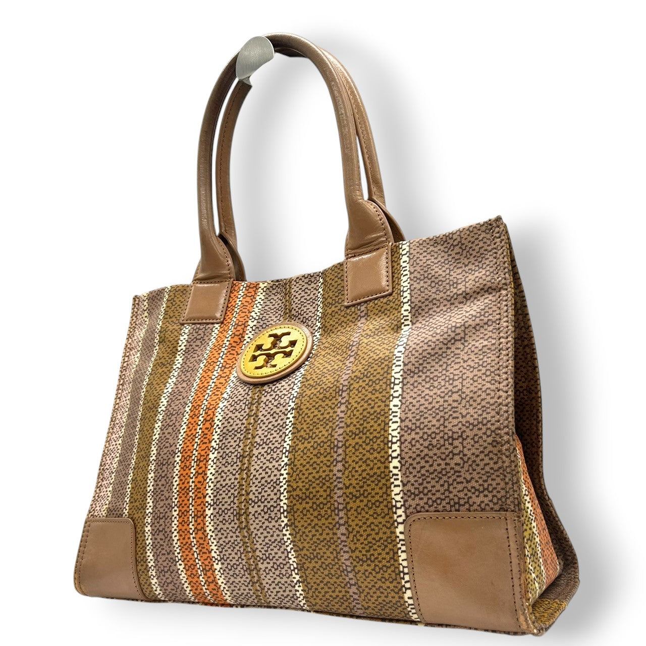 トリーバーチ トートバッグ ストライプ柄 マルチカラー レディース TORY BURCH PVC レザー ブラウン オレンジ A4収納可 肩掛け 大容量 通勤 通学 ハンドバッグ デカロゴ エレガント クラシック 人気モデル s36