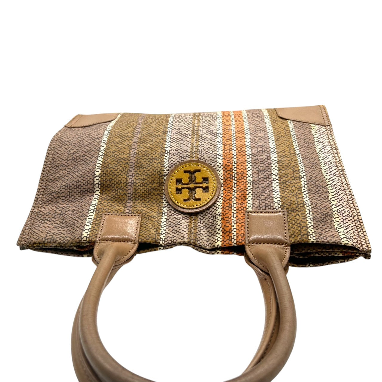 トリーバーチ トートバッグ ストライプ柄 マルチカラー レディース TORY BURCH PVC レザー ブラウン オレンジ A4収納可 肩掛け 大容量 通勤 通学 ハンドバッグ デカロゴ エレガント クラシック 人気モデル s36