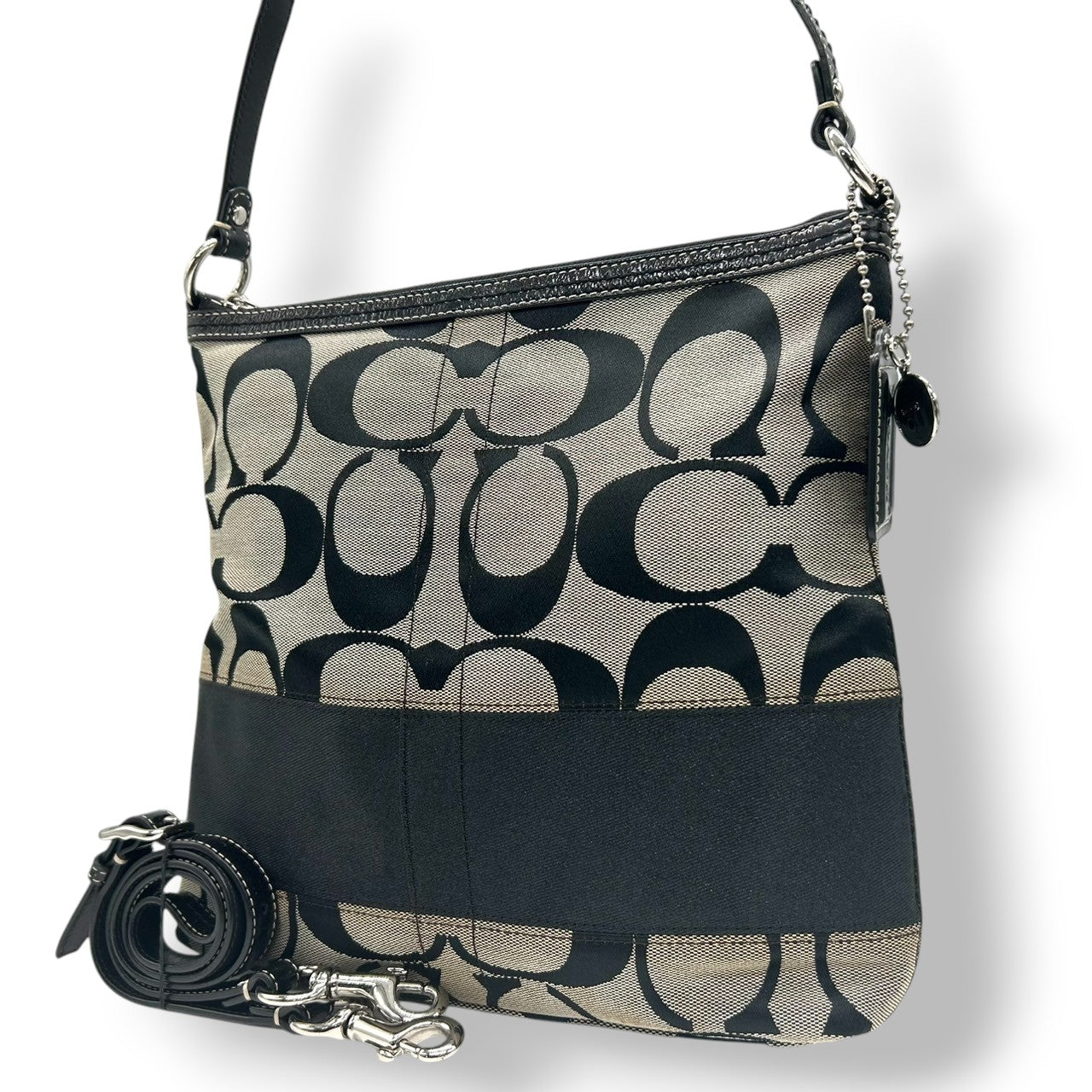 COACH コーチ ショルダーバッグ 2WAY シグネチャー F13674 キャンバス レザー ブラック グレー レディース ワンショルダー 斜め掛け可 エレガント クラシック 定番 人気モデル 通勤 通学 デイリーユース クリーニング済み s78