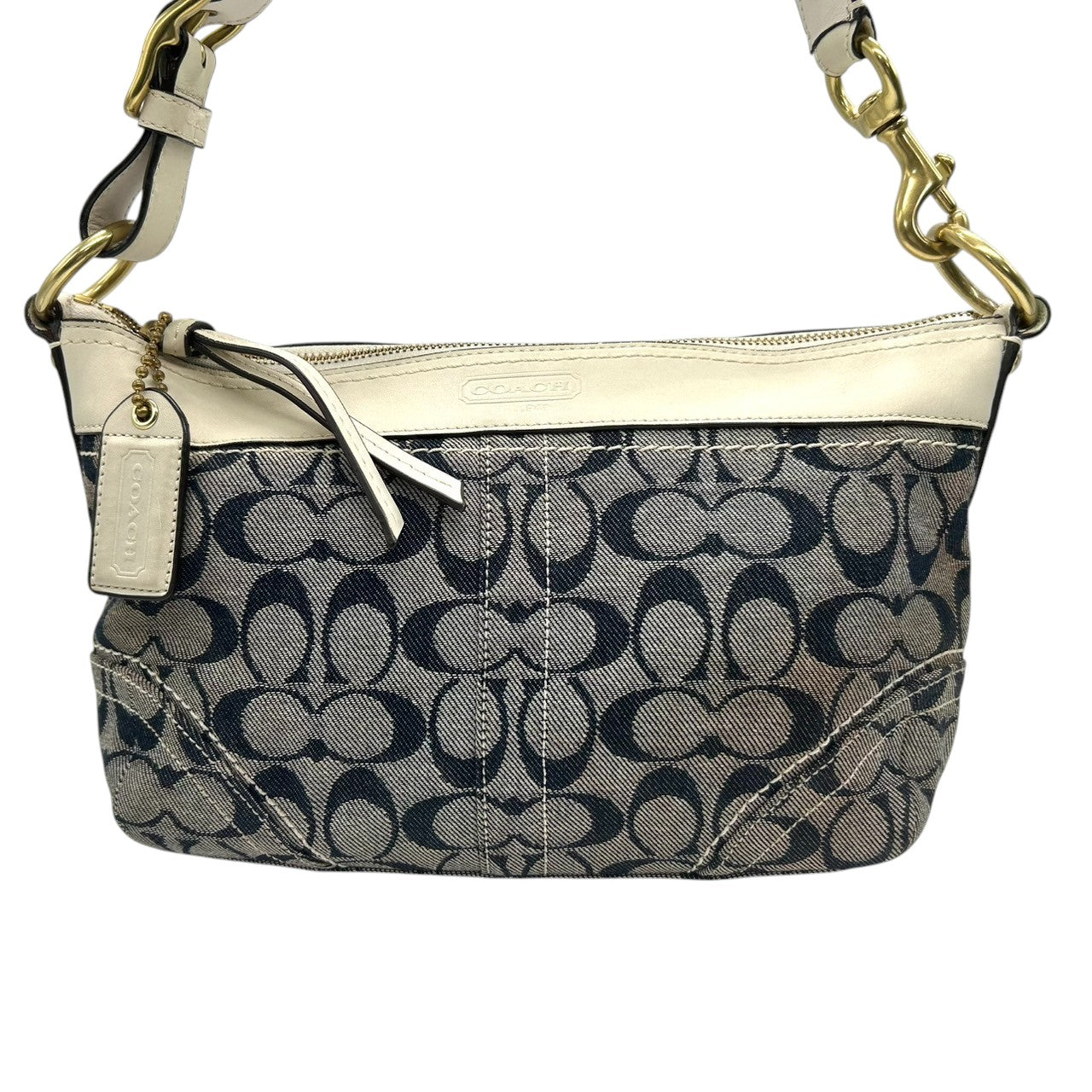 COACH コーチ ショルダーバッグ シグネチャー F10561 キャンバス レザー ネイビー ホワイト レディース ワンショルダー 斜め掛け可 自立可 クラシック エレガント コンパクト デイリーユース 人気 クリーニング済み s78