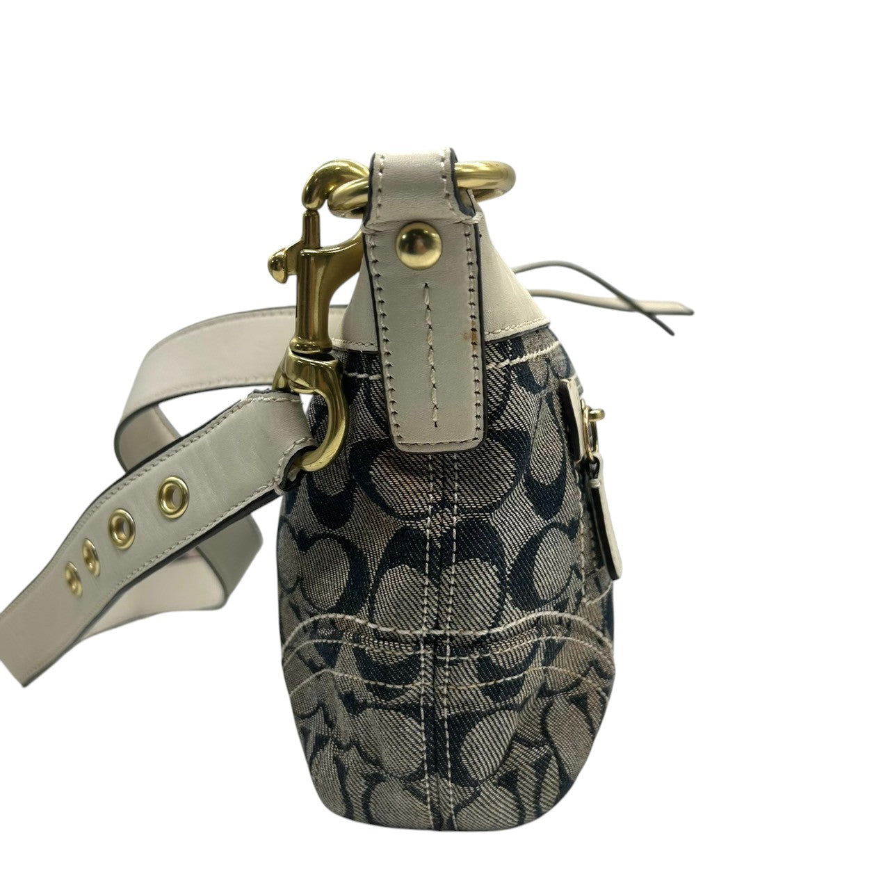 COACH コーチ ショルダーバッグ シグネチャー F10561 キャンバス レザー ネイビー ホワイト レディース ワンショルダー 斜め掛け可 自立可 クラシック エレガント コンパクト デイリーユース 人気 クリーニング済み s78