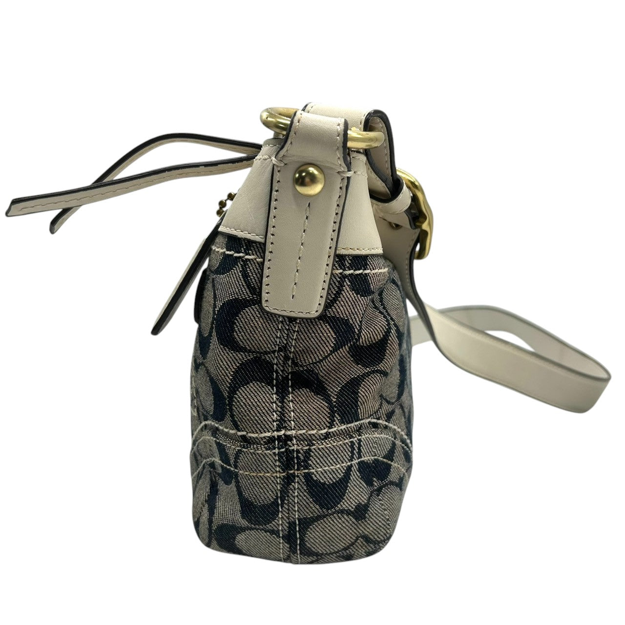 COACH コーチ ショルダーバッグ シグネチャー F10561 キャンバス レザー ネイビー ホワイト レディース ワンショルダー 斜め掛け可 自立可 クラシック エレガント コンパクト デイリーユース 人気 クリーニング済み s78