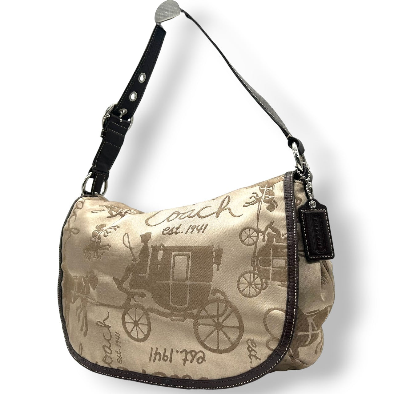 【美品】COACH コーチ ホースアンドキャリッジ ショルダーバッグ F14888 ワンショルダー ナイロン レザー ベージュ ブラウン 馬車柄 総柄 レディース エレガント クラシック 肩掛け可 デイリーユース 軽量 クリーニング済み s53