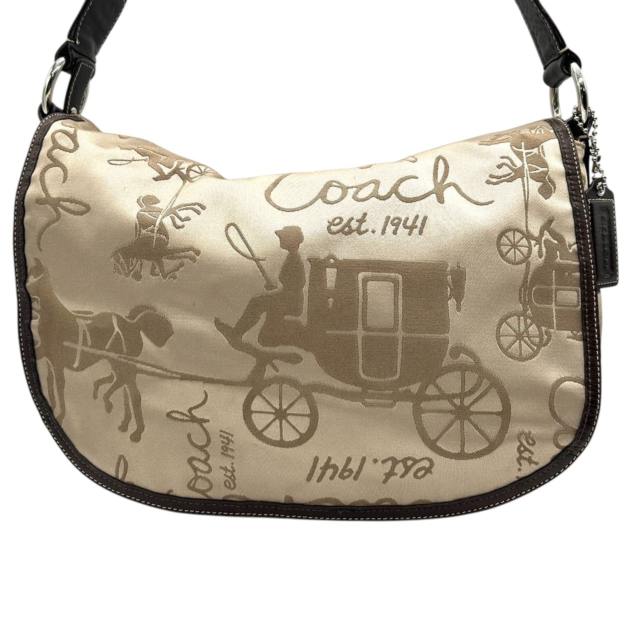 【美品】COACH コーチ ホースアンドキャリッジ ショルダーバッグ F14888 ワンショルダー ナイロン レザー ベージュ ブラウン 馬車柄 総柄 レディース エレガント クラシック 肩掛け可 デイリーユース 軽量 クリーニング済み s53