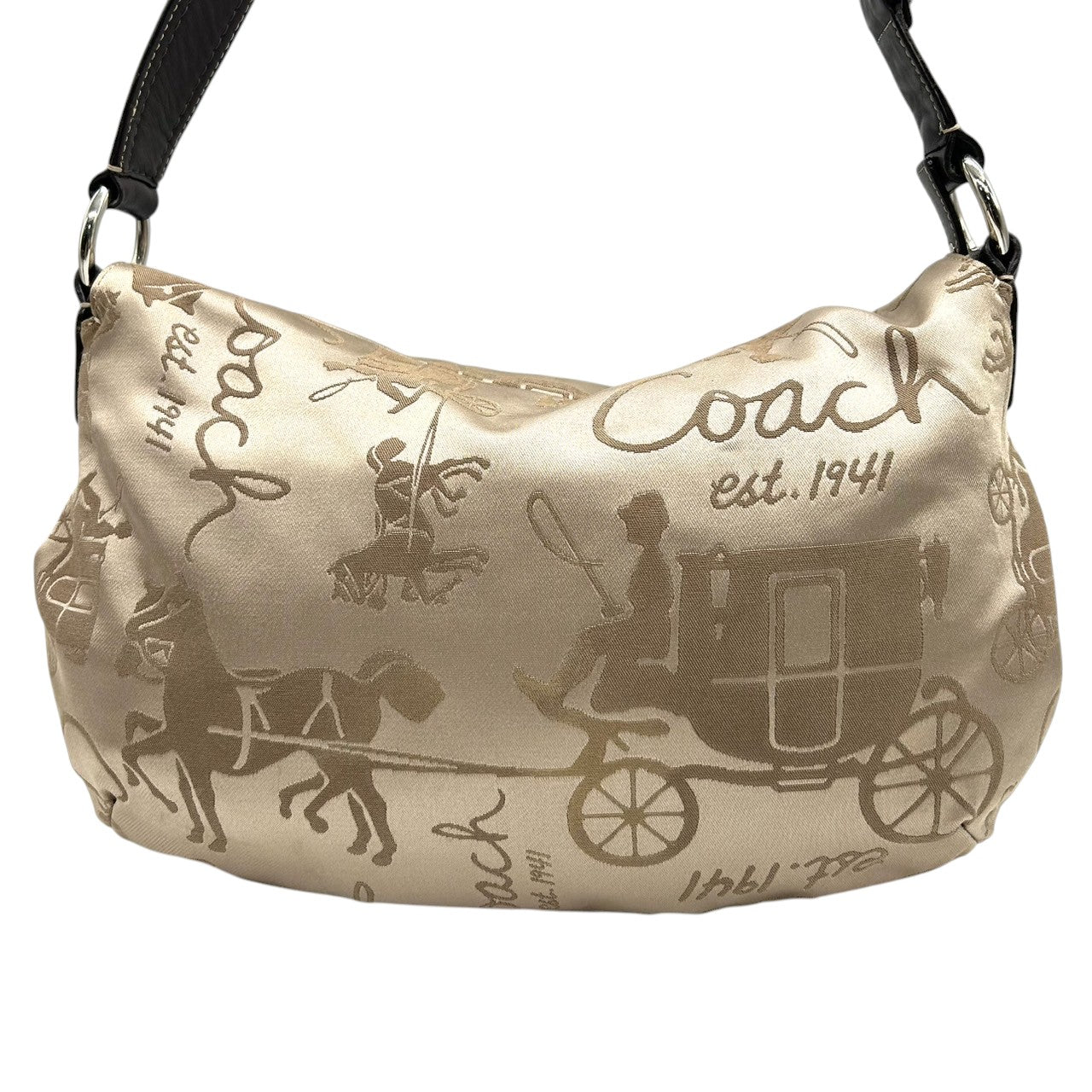 【美品】COACH コーチ ホースアンドキャリッジ ショルダーバッグ F14888 ワンショルダー ナイロン レザー ベージュ ブラウン 馬車柄 総柄 レディース エレガント クラシック 肩掛け可 デイリーユース 軽量 クリーニング済み s53