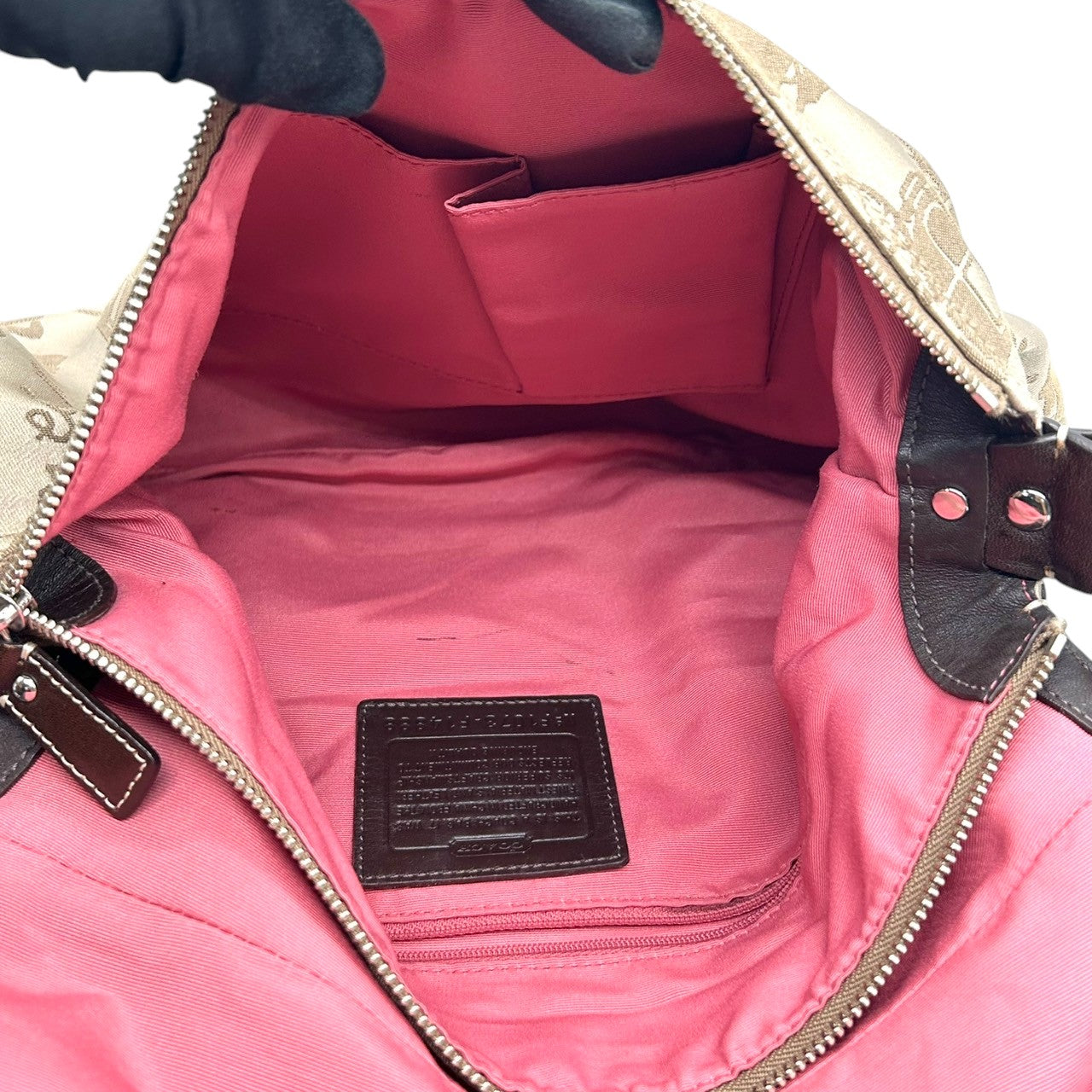 【美品】COACH コーチ ホースアンドキャリッジ ショルダーバッグ F14888 ワンショルダー ナイロン レザー ベージュ ブラウン 馬車柄 総柄 レディース エレガント クラシック 肩掛け可 デイリーユース 軽量 クリーニング済み s53