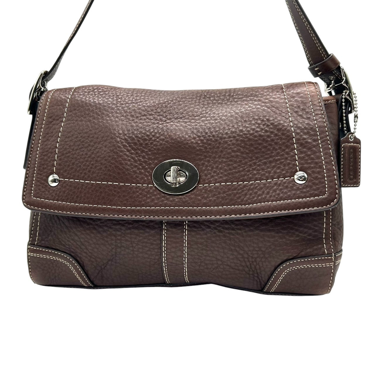 COACH コーチ ショルダーバッグ F13957 斜め掛け可 自立可 レザー 本革 シボ革 ブラウン ターンロック フラップ式 白ステッチ シルバー金具 レディース エレガント クラシック カジュアル 通勤 通学 Y2K 00s s53