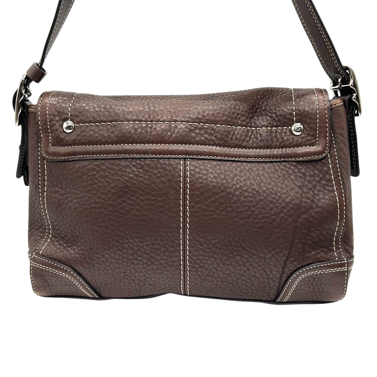 COACH コーチ ショルダーバッグ F13957 斜め掛け可 自立可 レザー 本革 シボ革 ブラウン ターンロック フラップ式 白ステッチ シルバー金具 レディース エレガント クラシック カジュアル 通勤 通学 Y2K 00s s53