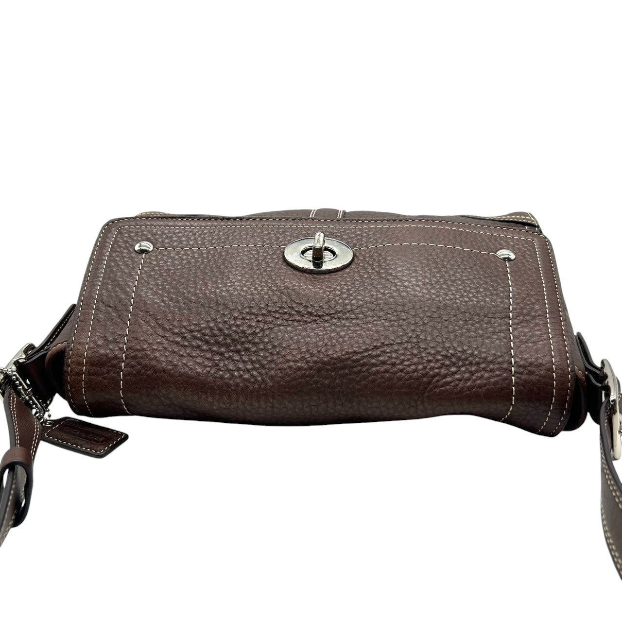 COACH コーチ ショルダーバッグ F13957 斜め掛け可 自立可 レザー 本革 シボ革 ブラウン ターンロック フラップ式 白ステッチ シルバー金具 レディース エレガント クラシック カジュアル 通勤 通学 Y2K 00s s53