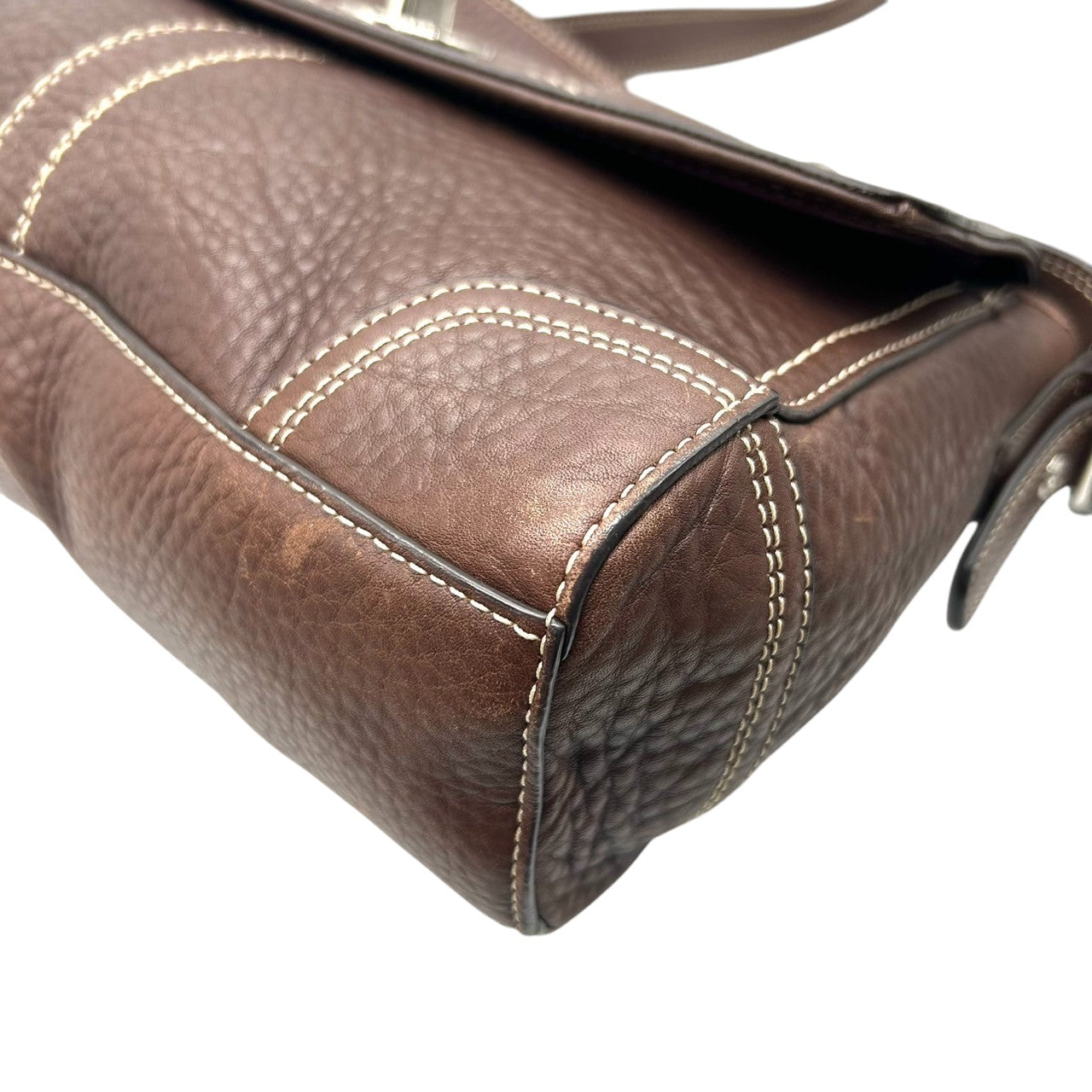 COACH コーチ ショルダーバッグ F13957 斜め掛け可 自立可 レザー 本革 シボ革 ブラウン ターンロック フラップ式 白ステッチ シルバー金具 レディース エレガント クラシック カジュアル 通勤 通学 Y2K 00s s53